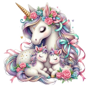 Unicórnio Clipart, Dia das Mães Clipart, 10 PNG Berçário Unicórnio Mãe Gêmeos Bebê Ilustração Aquarela, Diário de Lixo, Fazendo Cartões, Presente de Amantes
