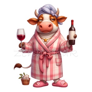 12 PNG Funny cow clipart – Relaxing cow in robe PNG – Comical animal with wine digital art for farmhouse kitchen and humorous wall decor