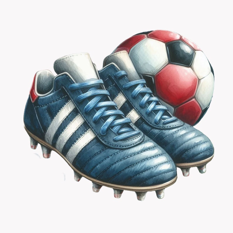 Puede incluir: Un par de botas de f&uacute;tbol azules con rayas blancas y detalles negros, junto a un bal&oacute;n de f&uacute;tbol rojo y blanco.