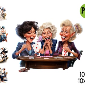 Grappige oude dames speelkaarten clipart illustratie png, vrolijke oude dames sublimatie,