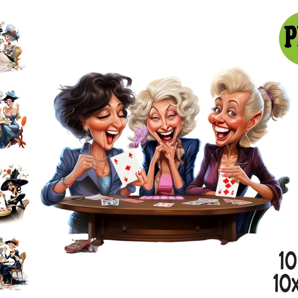 Drôle de vieilles dames cartes à jouer Clipart Illustration PNG, Joyeuse vieilles dames Sublimation,