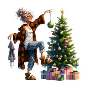 Décoration d'arbre de Noël drôle de dame PNG, 19 cliparts de grand-mère de vacances, illustration de dessin animé original pour sublimation