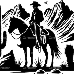 4 scène du désert de cow-boy SVG SVG - fichier coupé cavalier - clipart western de montagne pour chemises, enseignes, décoration de ranch, travaux manuels Cricut