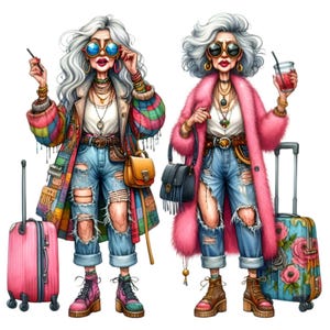おしゃれなおばあちゃん旅行者 PNG | 12 のトレンディなシニア旅行イラスト | 気まぐれな休暇デジタルアートのダウンロード