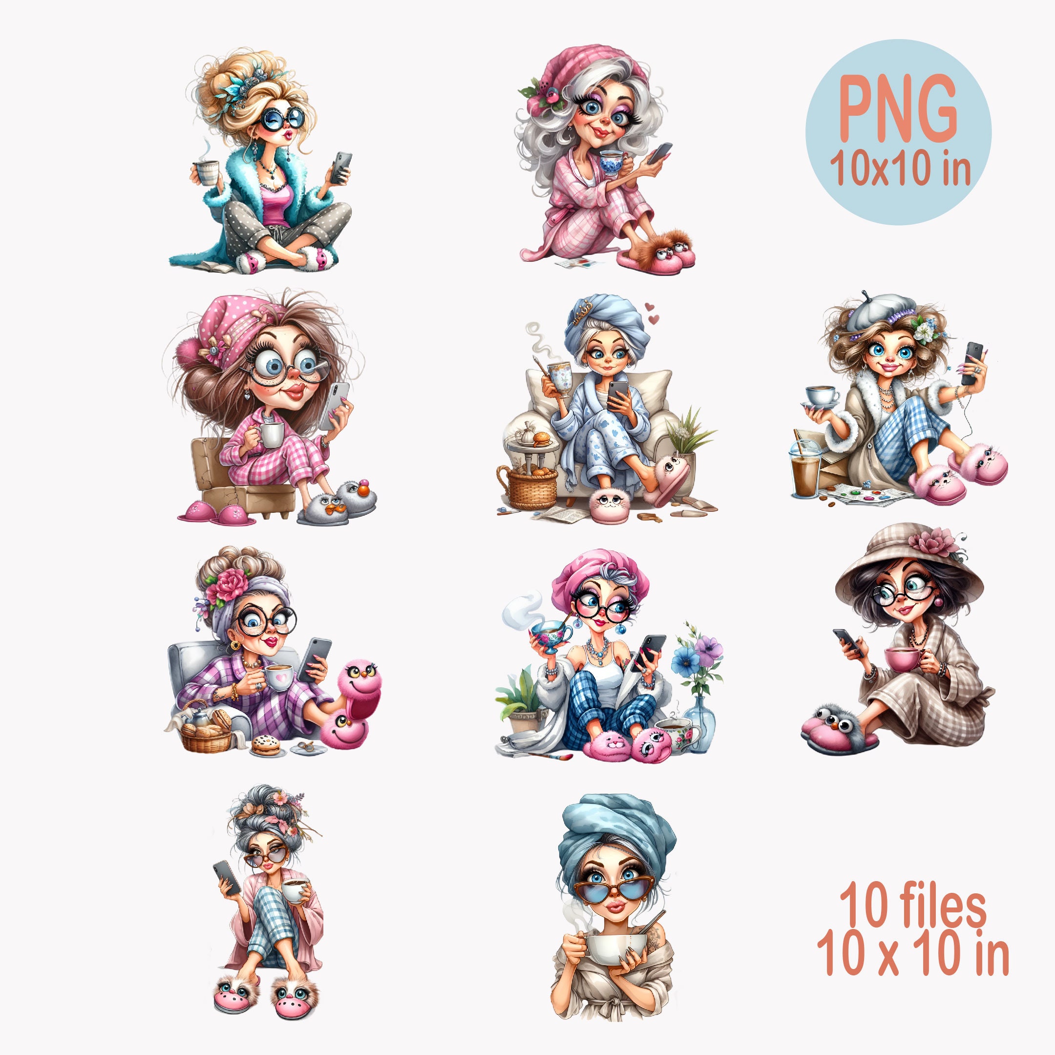 10 PNG Trendy Granny PNG Clipart – Funny Old Lady With Coffee and Phone ...