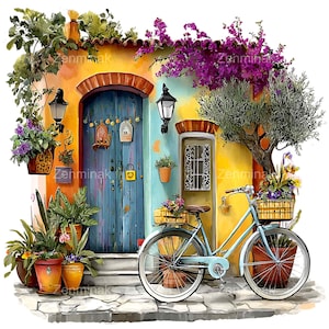 Peut inclure: Peinture à l'aquarelle d'une scène méditerranéenne colorée. Un vélo bleu avec un panier de fleurs est garé à côté d'un bâtiment avec une porte bleue et des fleurs vibrantes. Le bâtiment a des murs orange, jaune et turquoise. L'image comprend le texte "Zenminak".