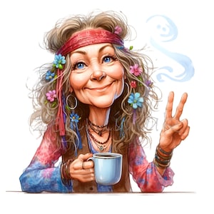 Friedliche Hippie Oma mit Kaffee Clipart - 14 lebendige und lustige Zeichen PNG - Perfekt für kreative digitale Kunstprojekte