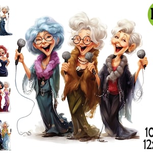 10 PNG - Mamies chantantes drôles PNG - Clipart glamour de dame âgée pour cartes d'anniversaire, décoration de fête karaoké, illustrations de choeur principal