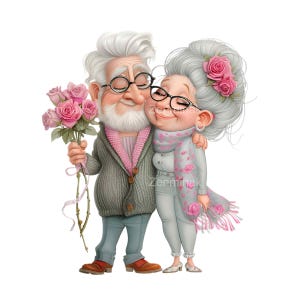 18 PNG süßes älteres Paar PNG Clipart - Lustige ältere Liebhaber, die mit Rosen, gemütlichen Outfits, Valentinstagstil, Pastellfarben umarmen
