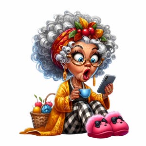 Nonna divertente con caffè e telefono PNG – 12 stravaganti opere d'arte digitali per design umoristici