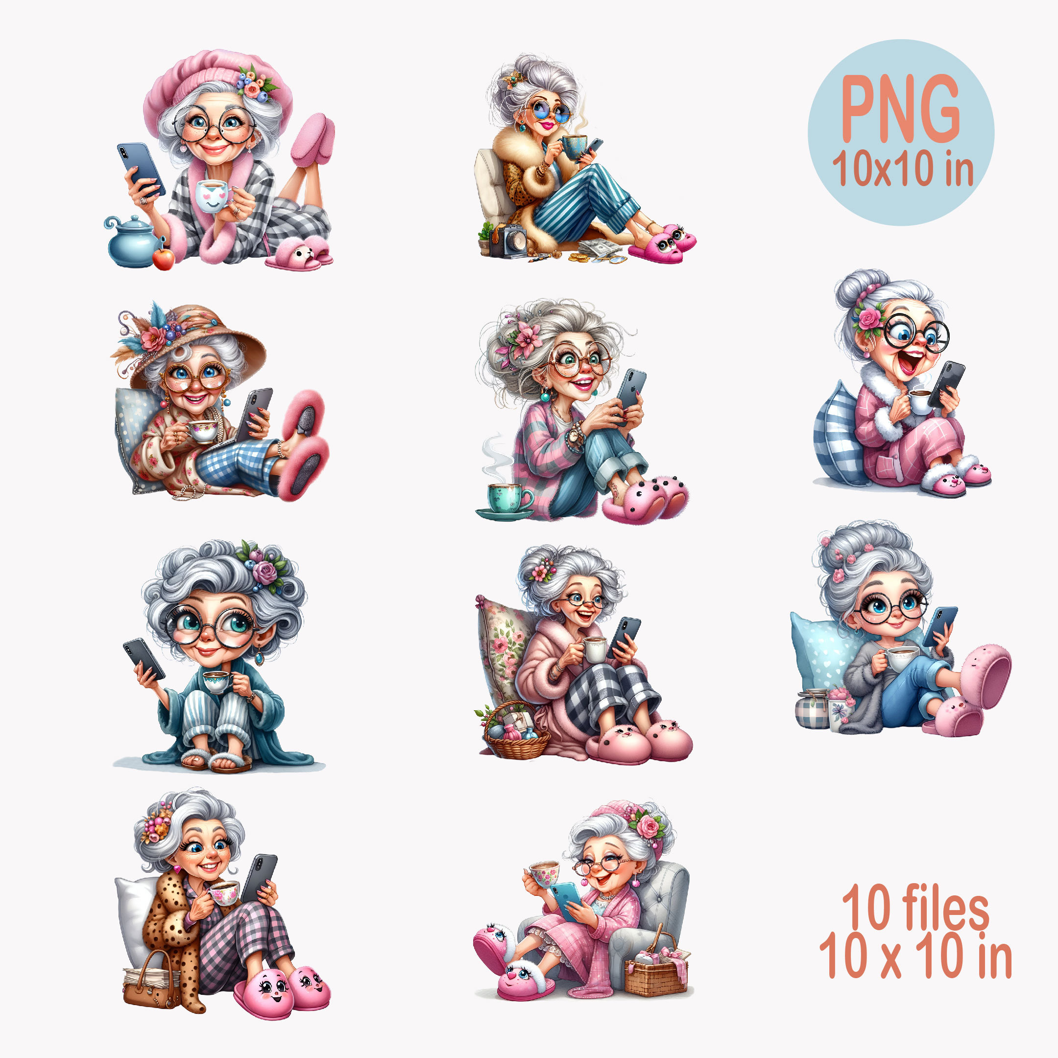 10 PNG Funny Granny PNG Clipart – Old Lady With Coffee and Phone ...
