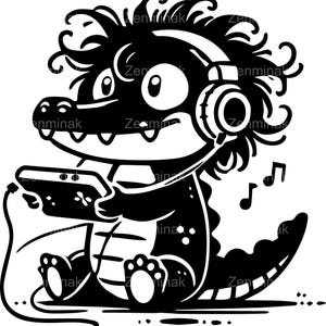 Archivo de corte SVG de cocodrilo para gamer (6 unidades) - Lindo cocodrilo con auriculares jugando a la consola - Diseño de imágenes prediseñadas de reptiles de dibujos animados divertidos