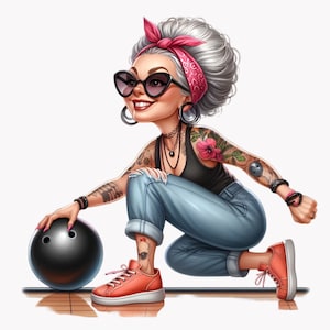 Pacchetto di clipart di donna divertente che gioca a bowling, grafica png bowling, download digitale, arte murale stampabile, 15 PNG