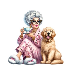 16 imágenes PNG de una elegante dama con un golden retriever: pijamas glamurosos, taza de té, vasos grandes, pantuflas mullidas y una escena de perro caprichosa.