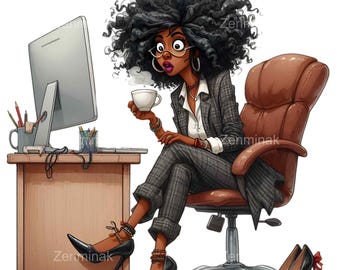 15 PNG lustige Office Lady Clipart - Kaffeepause Arbeit PNG Illustration, Frau am Schreibtisch mit lockigem Haar, digitale Kunst für Aufkleber, Tassen & Planer