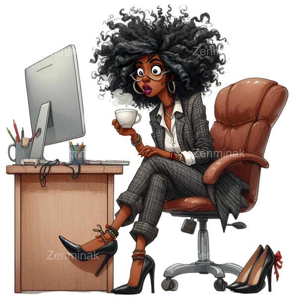 15 PNG Funny Office Lady Clipart – Coffee Break Work PNG Illustration, Curly Hair Woman at Desk, Digital Art for Stickers, Mugs & Planners