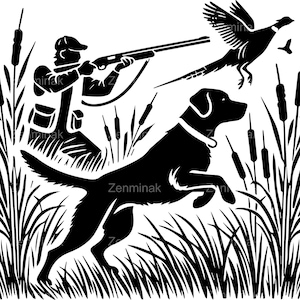 5 Jäger und Hund mit fliegendem Fasan SVG, Vogel-Jagd-Szene Silhouette Schnittdatei, Wildtier Design für Cricut und Laserschneiden