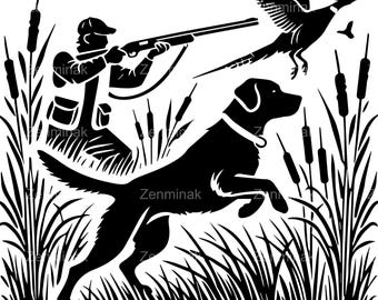 Può includere: Illustrazione in bianco e nero di un cacciatore con un fucile, un cane e una pernice in un campo di erba alta.