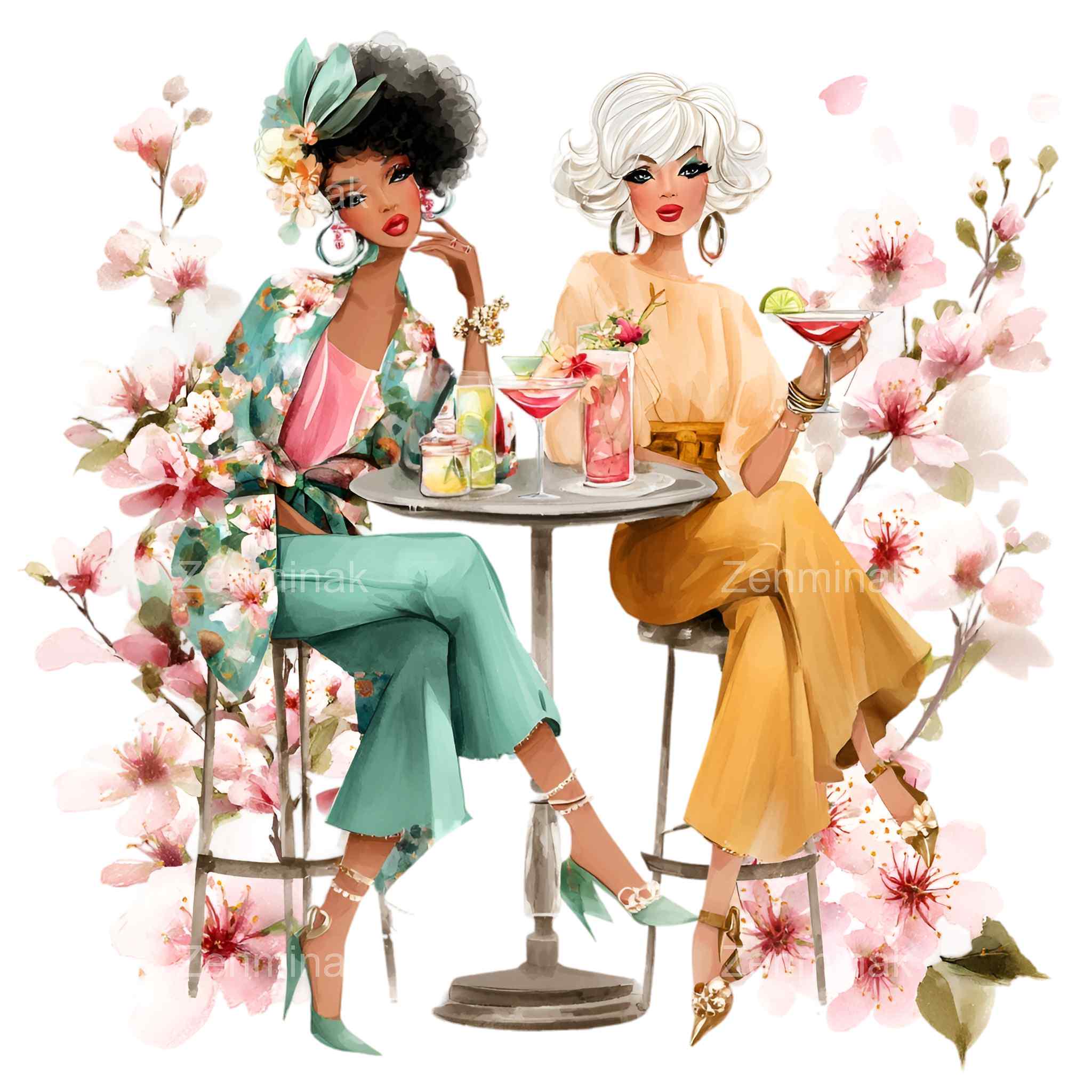 15 PNG Cocktail Ladies Clipart, Cherry Blossom, Party Women Drinking - Etsy