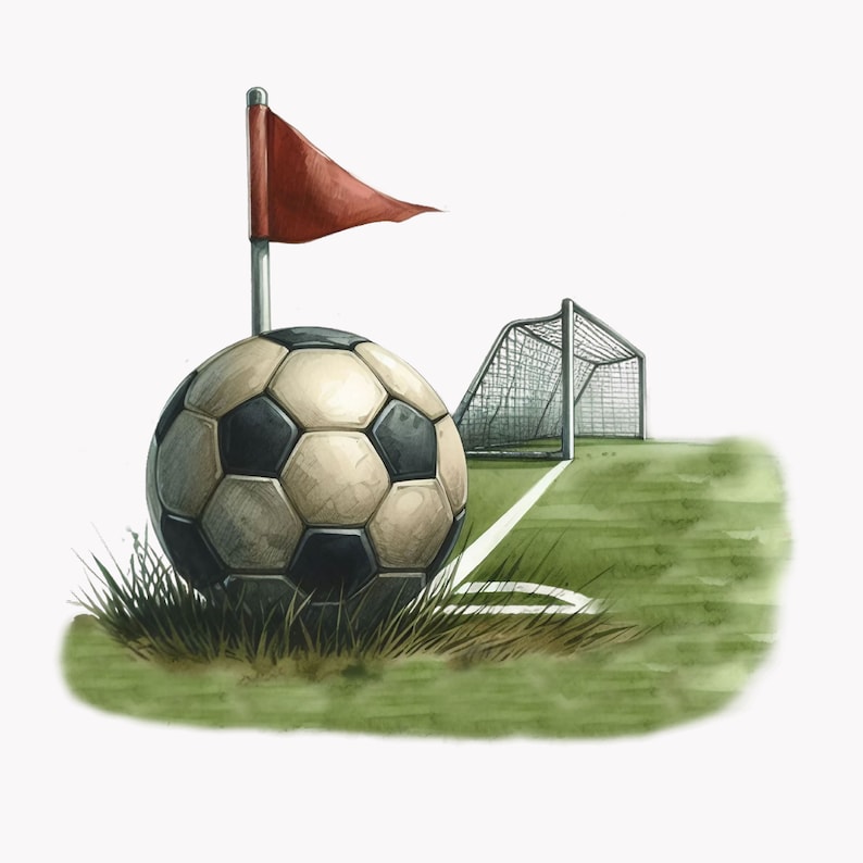 Puede incluir: Un bal&oacute;n de f&uacute;tbol blanco y negro sobre un campo de hierba verde con una bandera roja y una porter&iacute;a de f&uacute;tbol en el fondo.