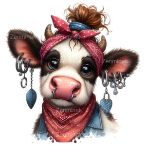 10 coole koe met piercings PNG-clipart – rode bandana, oorbellen, denimvest, rommelige knot, stijlvol portret boerderijdieren
