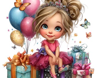 May include: A cartoon illustration of a girl with blonde hair wearing a pink dress and a tiara, sitting on a stack of wrapped gifts. Balloons and butterflies float around her. The gifts are in various colours, including teal, black, and pink.