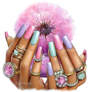 Puede incluir: Ilustración de manos con uñas largas y coloridas en tonos rosa, azul y morado, adornadas con anillos dorados con piedras preciosas. Un diente de león rosa está en el fondo. La imagen tiene un tema femenino y artístico.