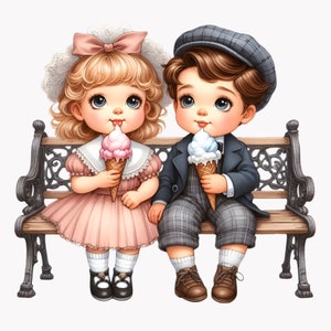10 cliparts enfants vintage PNG - mignon garçon et fille mangeant de la crème glacée sur un banc - téléchargement numérique Style rétro pour travaux manuels