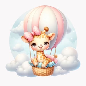 Clipart giraffa, giraffa baby PNG, mongolfiera PNG, festa PNG, clipart compleanno, arte murale per bambini, scuola materna