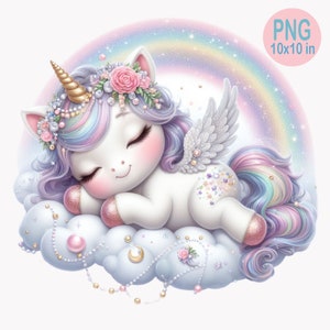 10 PNG 眠っているユニコーン PNG – 雲の上の夢のような赤ちゃんユニコーンのクリップアート – 保育園のプリントや子供の工作のためのパステルファンタジーアート