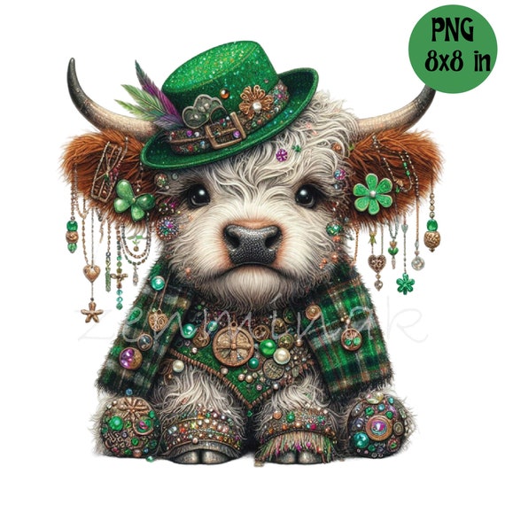 12 PNG Irish Highland Cow, St Patrick Day Clipart With Green Hat Festive Farm