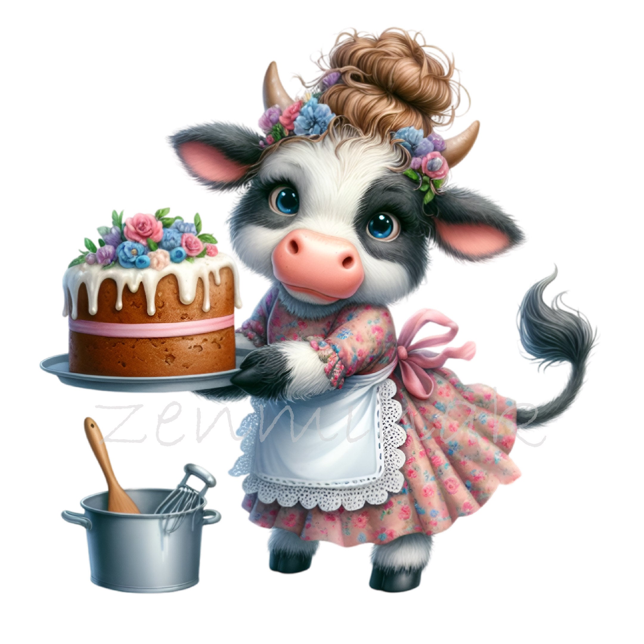 12 PNG Cute Cow Baker Clipart – Cartoon Cow With Flower Cake PNG ...