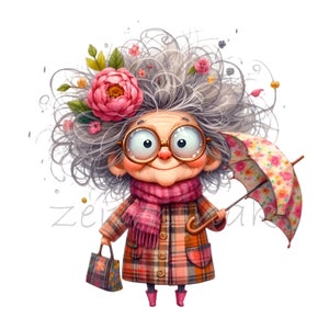 12 Oma Clip Art PNG, lustige Illustration einer älteren Frau mit Blumenhaar, schrullige Charakterkunst zum Basteln