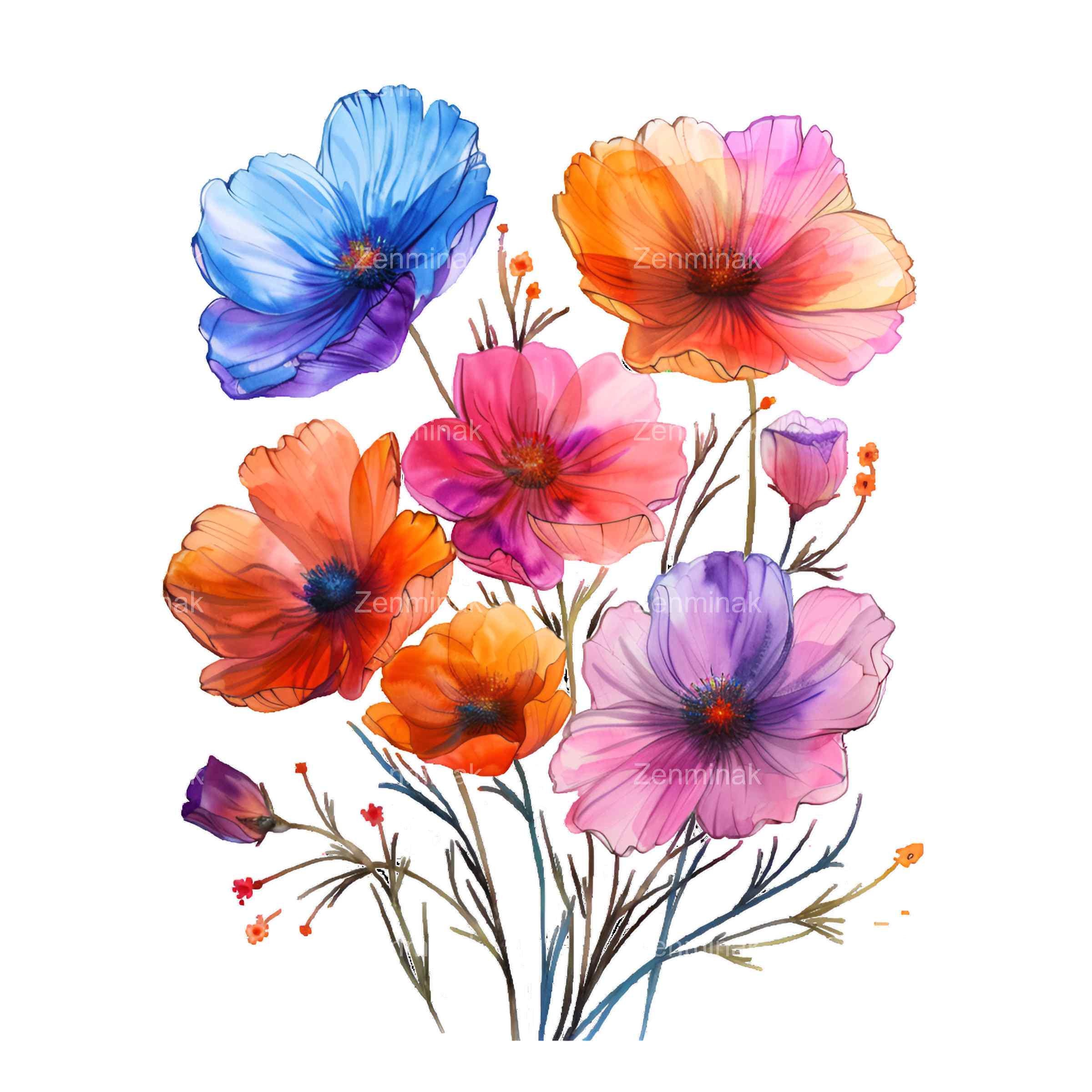 17 PNG 野生の花の水彩画クリップアート、花の草原、カラフルな