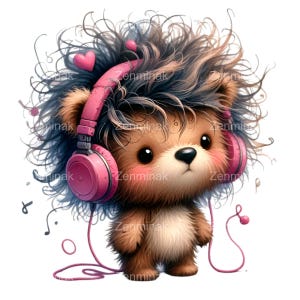 12 simpatici orsi soffici PNG Clipart – Cuffie rosa, capelli arruffati, note musicali, adorabile animale domestico che ascolta musica, divertente arte animale