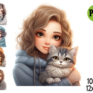 Girl With Cat Clipart Illustration PNG, Kids Illustration, Cat Lovers