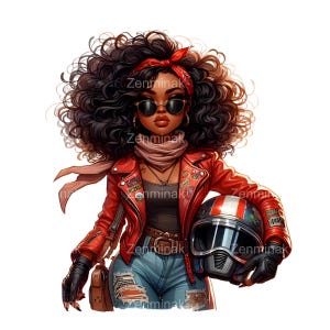 May include: A woman with curly black hair wears a red leather jacket with patches, a pink scarf, and sunglasses. She holds a white and blue motorcycle helmet with a black visor.