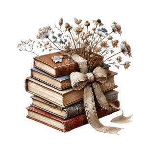 May include: A stack of vintage books with brown leather covers, tied with a burlap ribbon and adorned with dried flowers. The books have aged pages and are stacked on top of each other.