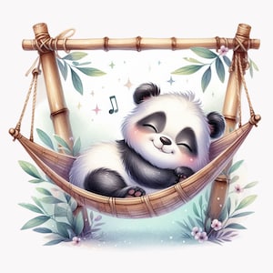 Panda adormecido Arte digital PNG - 10 pandas fofos em rede com estrutura de bambu e detalhes da natureza