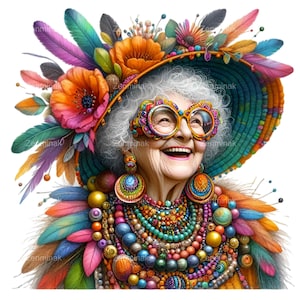 10 kleurrijke oma png-illustraties, illustratie eigenzinnige dame, leuke excentrieke modeafbeelding