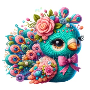 14 個の花の孔雀 PNG クリップ アート - かぎ針編みスタイルの鳥のイラスト - カラフルな装飾的なデジタル デザイン