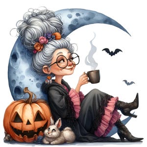 12 cliparts Halloween grand-mère PNG - jolie sorcière âgée avec café, lune, citrouille, chauves-souris et lapin, fond transparent
