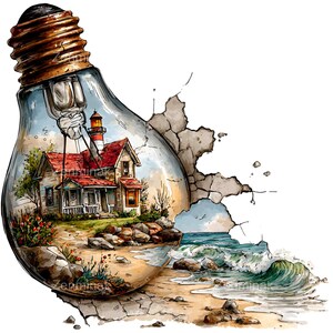 May include: A watercolor illustration of a lightbulb with a coastal scene inside. The scene includes a house with a red roof, a lighthouse, a beach, and ocean waves. The lightbulb is breaking apart to reveal the outside world.