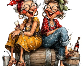 15 imágenes prediseñadas de abuelas divertidas: señoras mayores bebiendo vino, ilustración de dibujos animados PNG para álbumes de recortes, manualidades para fiestas y tarjetas de felicitación.