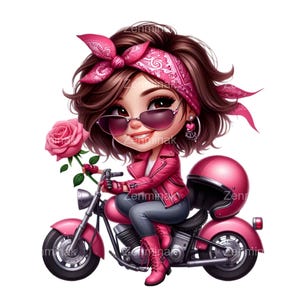 Valentine Biker Girl PNG - 14 Cute Cartoon Girl on Motorcycle with Rose Clipart for Valentine’s Day Designs