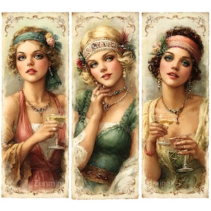 May include: Three vintage portraits of women in flapper dresses, each holding a champagne glass. The women have curly hair, headbands, and necklaces. The artwork has a soft, painterly style with a sepia-toned background.