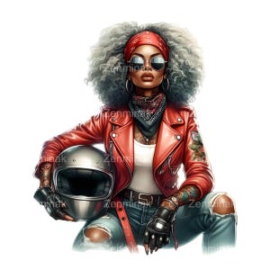 Op de afbeelding: Digitale illustratie van een persoon met grijs krullend haar, gekleed in een rode leren jas, zonnebril en een rode bandana. De persoon houdt een zilveren motorhelm vast en draagt ​​een gescheurde blauwe jeans. De persoon heeft tatoeages op armen en nek.