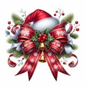 15 PNG Fiocco di Natale PNG – Nastro rosso natalizio con agrifoglio, pino e campanellino dorato per lavoretti festivi, creazione di biglietti, decorazioni invernali o etichette regalo