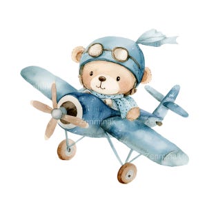 19 Acquerello Orso Pilota PNG in Blu Aeroplano Clip Art, Carino Disegno Digitale Aviazione PNG, Illustrazione Avventura Baby Shower