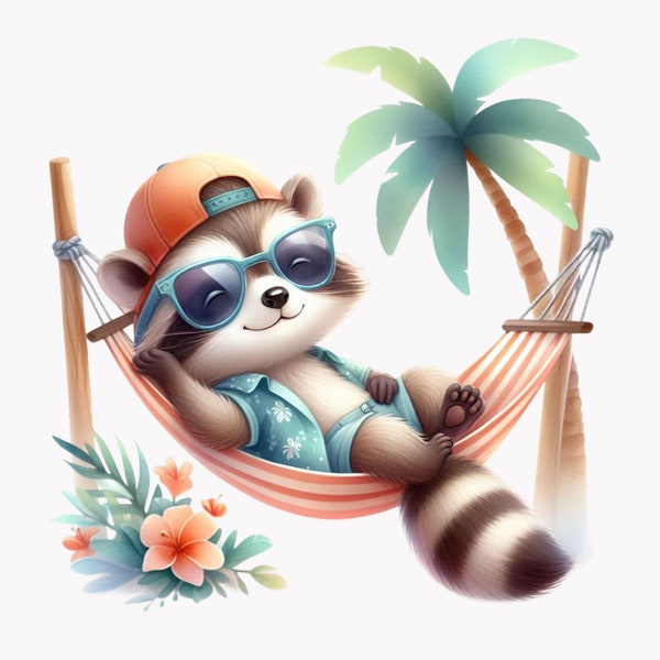 Racoon Clipart, Hammock Clipart, Beach Clipart, Summer Clipart, Cute Racoon Clip Art, Vacation Clipart, Kindergarten